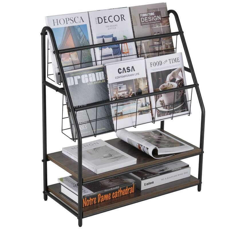 VECELO 29.53" H 4-Tier Metal Frame Magazine Rack Open Shelf Bookcase Storage Organizer for Living Room - Grey