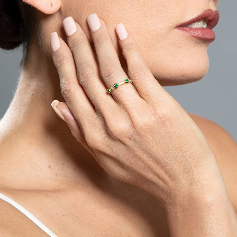 Yellow-Tone Simulated Emerald Bezel Half Eternity Ring