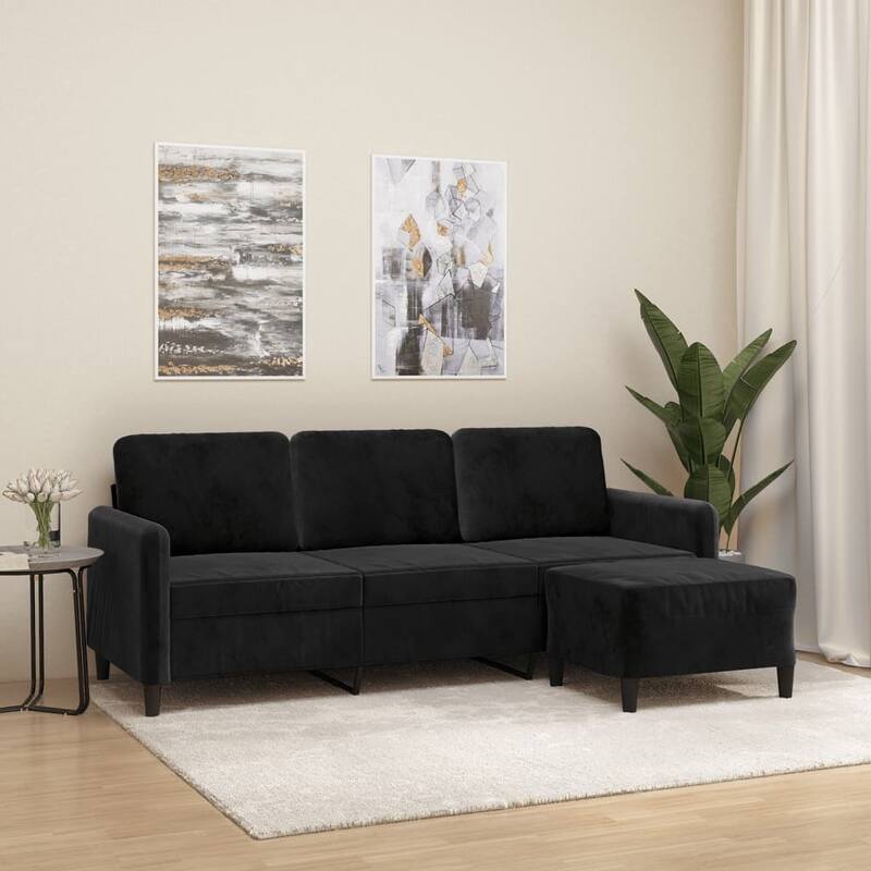 vidaXL 3-seater Sofa With Footstool Dark Gray Velvet 3-Seater - 30.3 x 77.9 x 31.5 in - Black