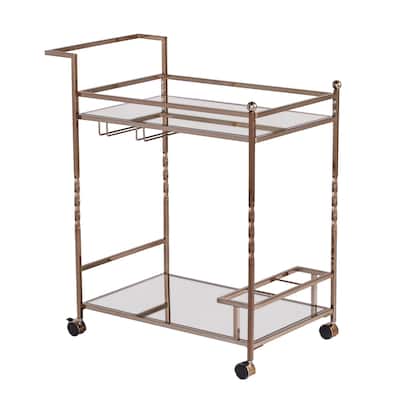 Mirrored Glass Bar Cart with Wheels and Metal Wine Rack - 29” x 15.75” x 31.5”