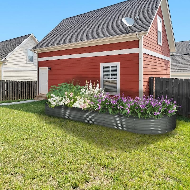 Outdoor 12 ft. x 3 ft. x 1.5 ft. Oval Extra Large Metal Anti-Rust Raised Garden Bed in Gray For Vegetables and Flowers