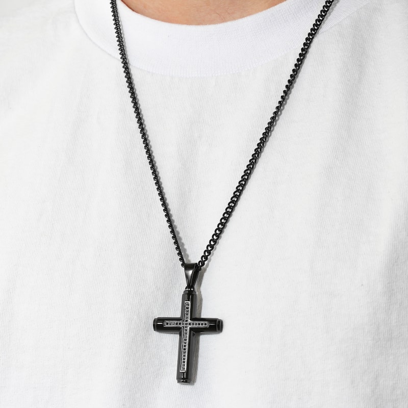 Steel Nation Black Stainless Steel Black Diamond Cross Pendant 1/6ctw