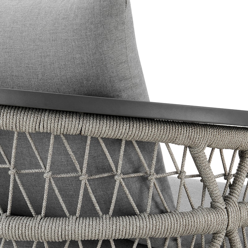 Zella Gray Rope and Aluminum All Weather Swivel Outdoor Patio Arm Chair with Gray Cushions