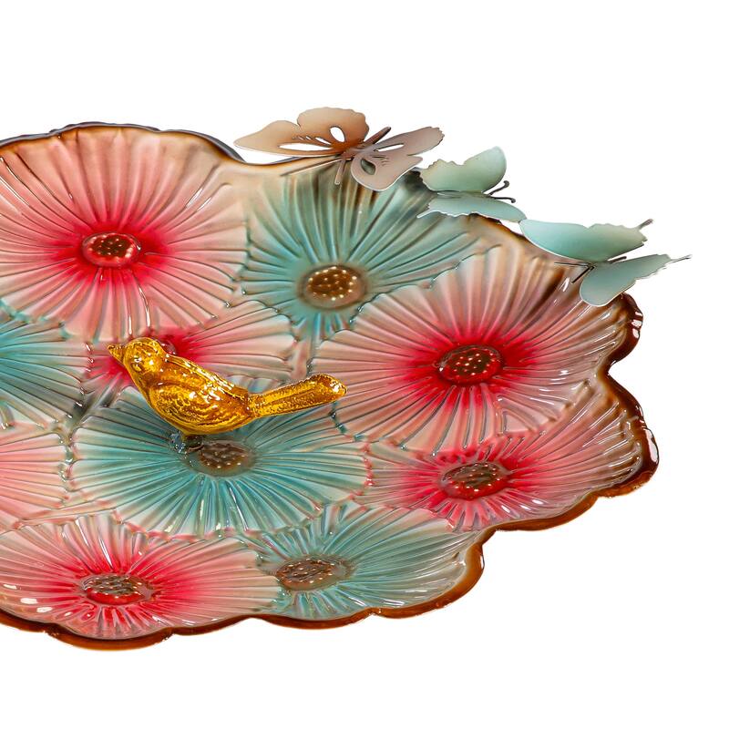 17" Metal Sculpted Edge Bird Bath, Butterfly & Flowers