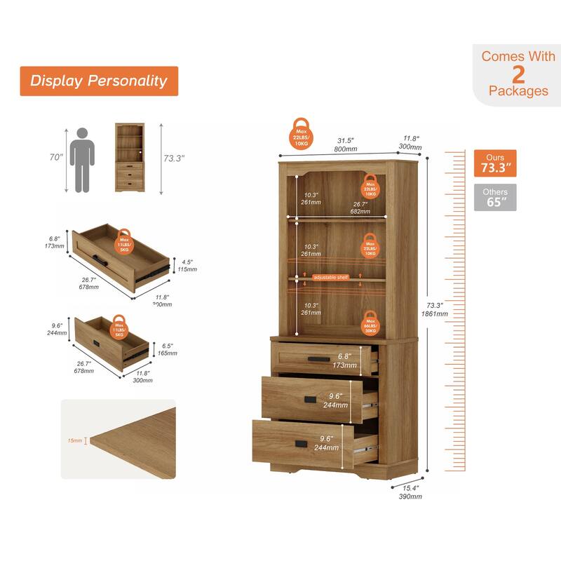 3 Tier Bookcase with Drawer,73.3" Tall Floor Standing Bookshelf
