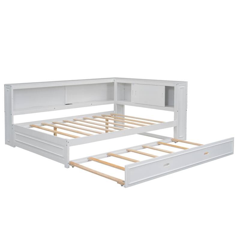 Full Size Daybed with Storage Shelves, USB Charging, LED Lights, and Twin Trundle (600lb Capacity)