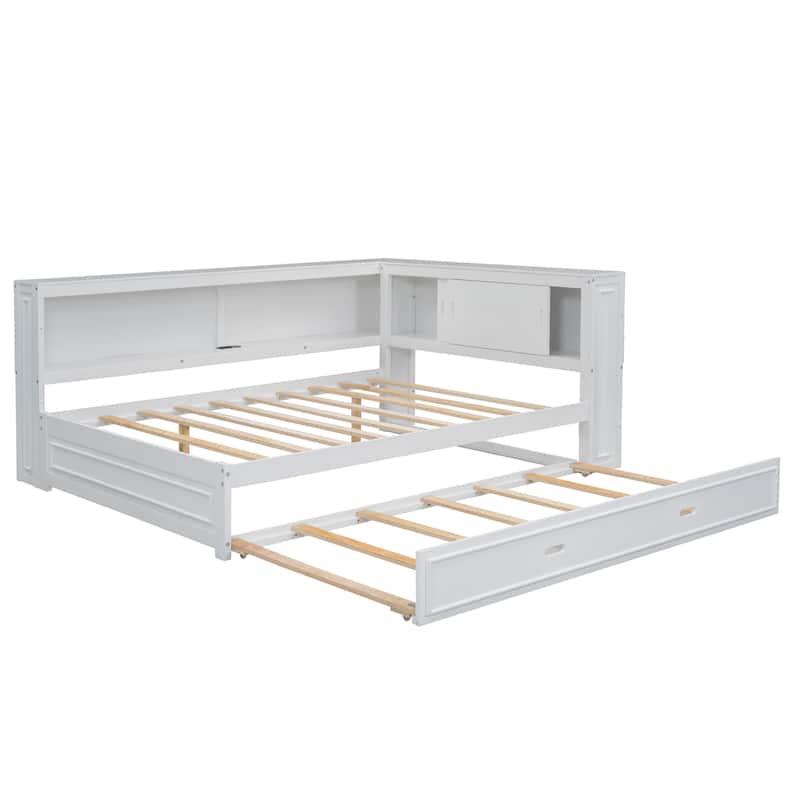 Full Size Wood Daybed With Storage Shelves, Usb, Led, And Trundle