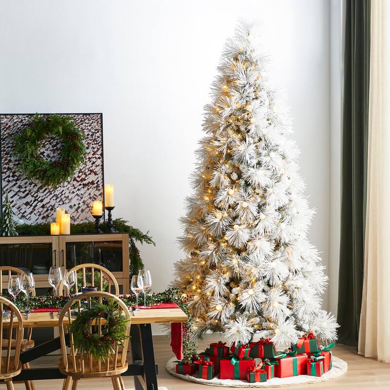 Glitzhome 7.5FT/9FT Pre-Lit Flocked Full Snowy Globe Pine Artificial Christmas Tree with Foot Switch - 9ft