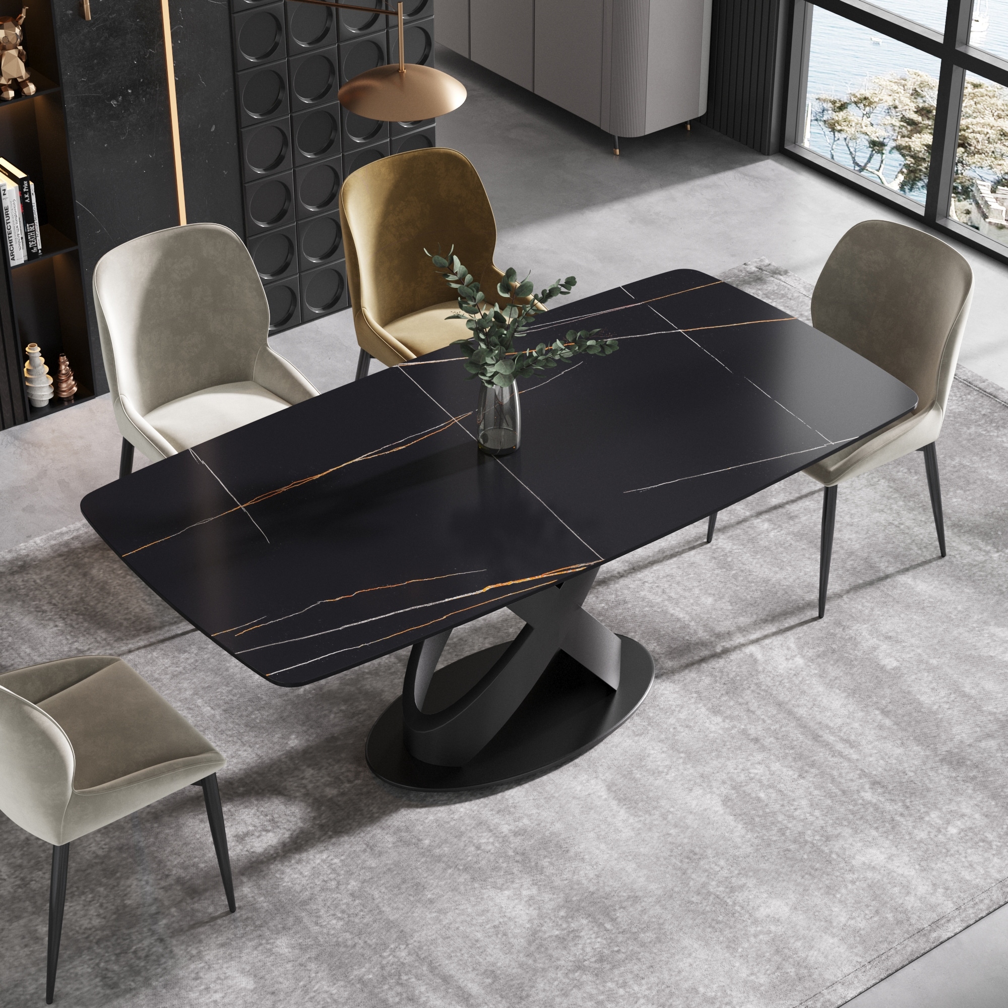 71" Rectangular Dining Table,Sintered Stone Tabletop Carbon Steel Legs