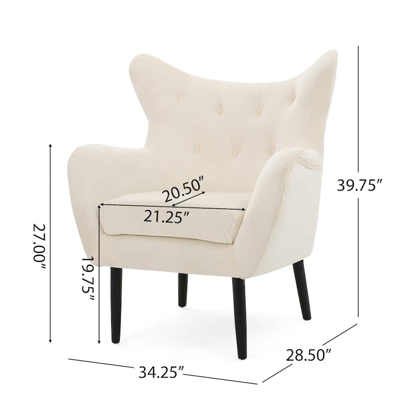 Ivory Modern 34.25" Velvet Upholstered Button Tufted Arm Chair with Solid Oak Wood Frame and Gently Curved Wingback