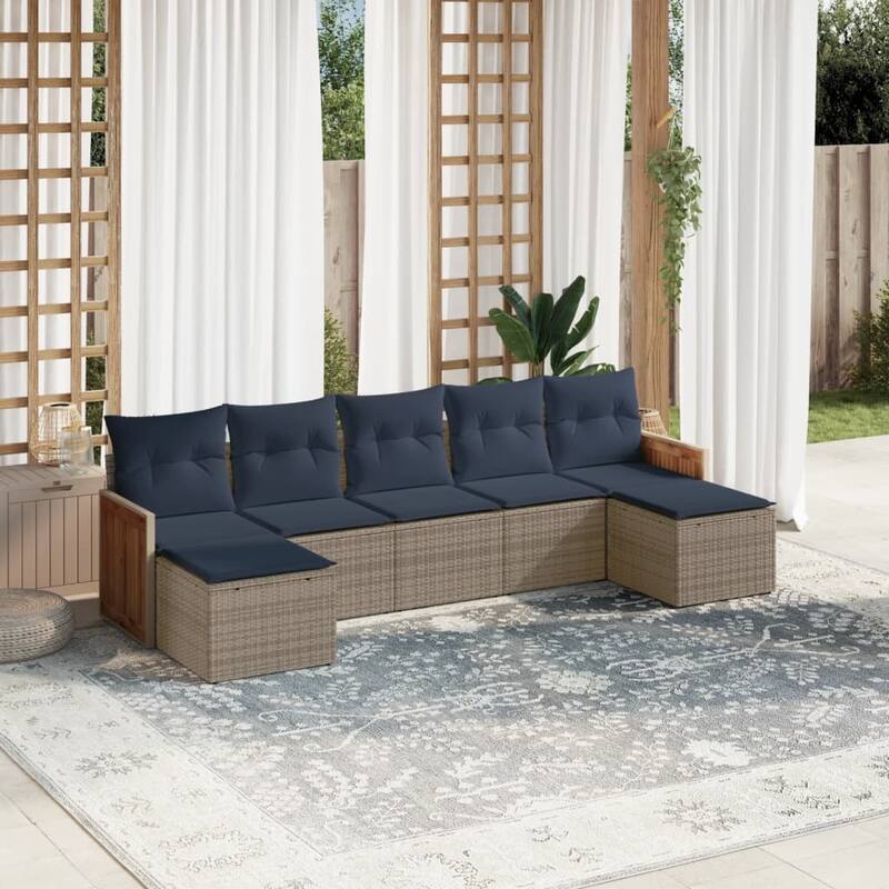 vidaXL 7/8 Piece Patio Sofa Set with Cushions Black/Gray Poly Rattan - 21.7 x 24.4 x 27.2 - Gray Without table
