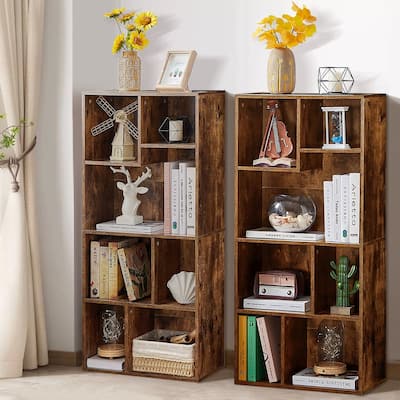 VECELO Widened Version Bookcase(Set of 2), 4-Tier Seven Open Cube Wooden Bookcase Organizer, Bookshelf / Book Storage