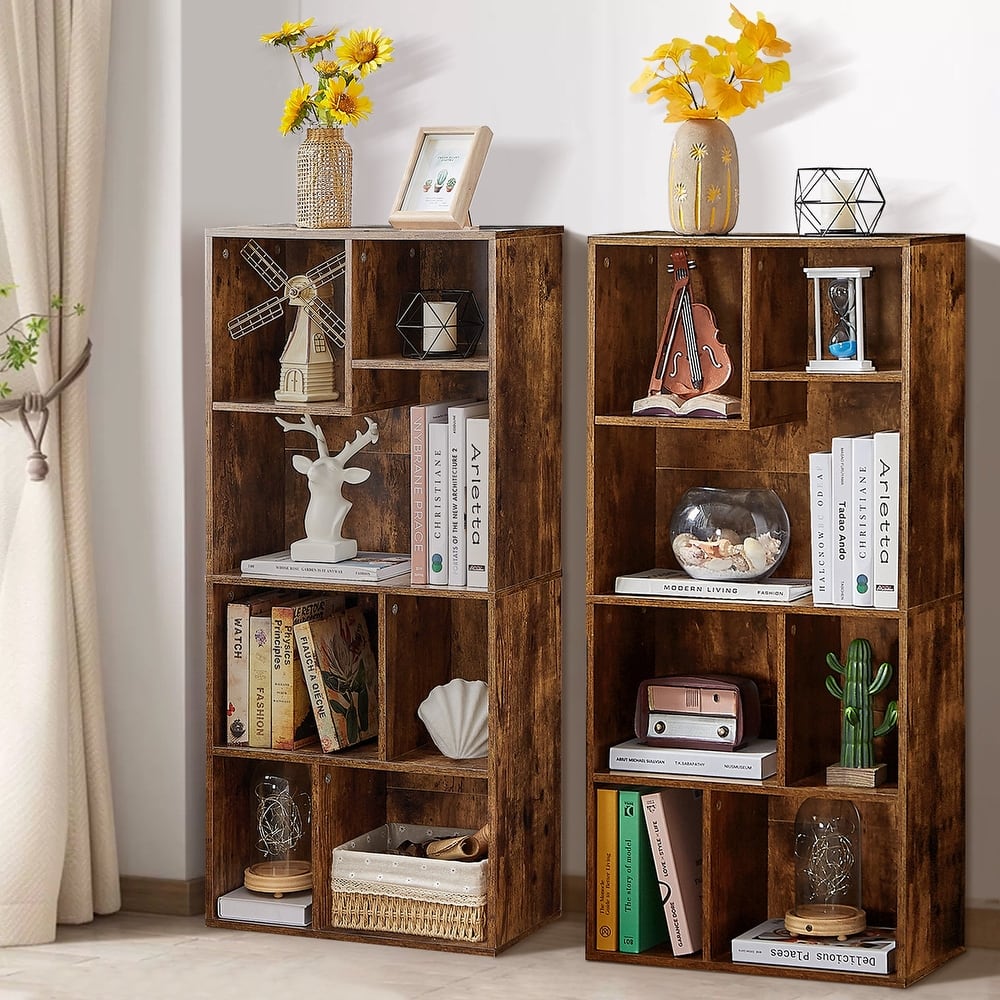 VECELO Bookcase Set of 2 Modern Irregular Shape Tall Bookshelf Vertical Horizontal Multi-Purpose Storage Bookcase