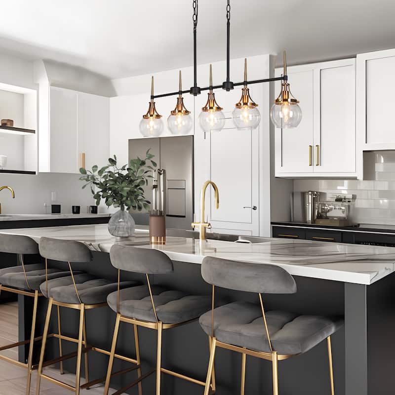 Beta Modern 5-Light Linear Glass Chandelier Black Gold Kitchen Island Light for Dining Room - 36'' L x 4.9'' W x 20.2'' H