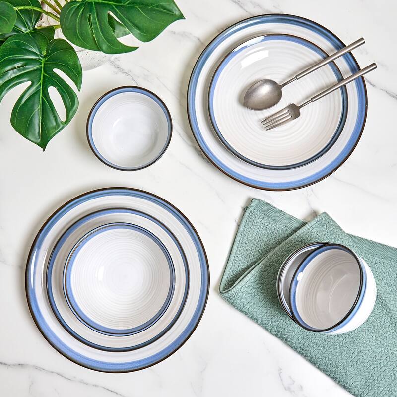 Sango Siterra Santorini 16-Piece White Stoneware Dinnerware Set - Service for 4, Plate & Bowl Set, Rustic White with Blue Glaze