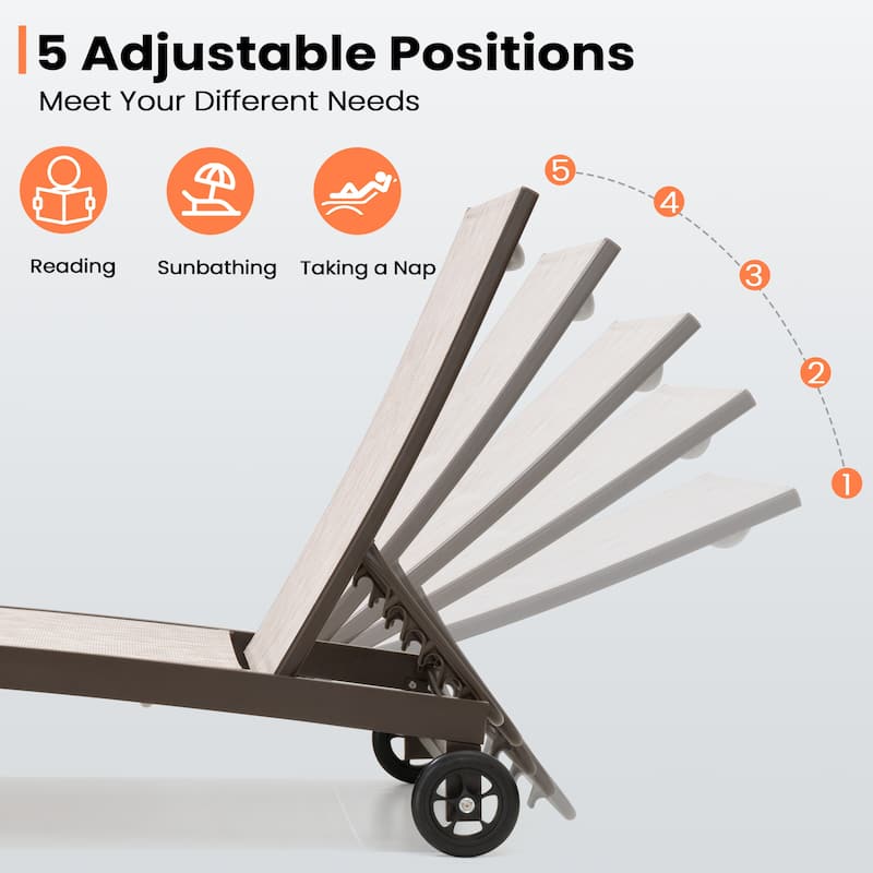 Outdoor Aluminum Adjustable Patio Chaise Lounge Chair Recliner with Wheels