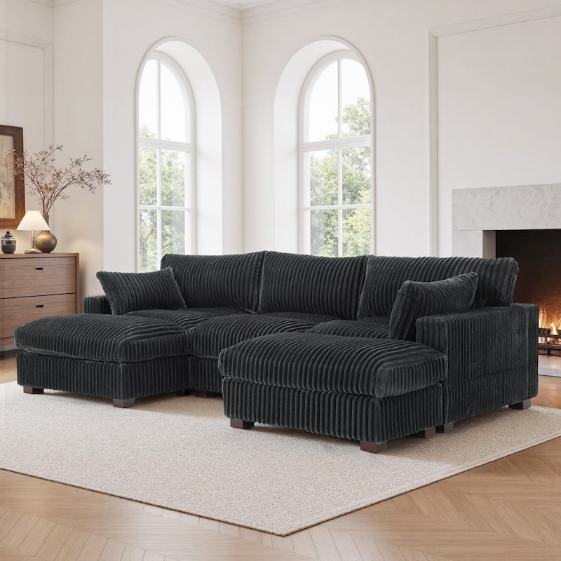 Oversied Plush Corduroy Fabric Modular Sectional Sofa with Chaise, Ottoman - Left Facing - Grey-4 Pieces
