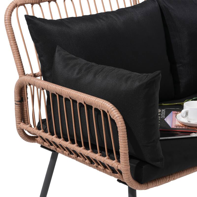 Outdoor Wicker Double Chair with Cushions Conversation Furniture Set