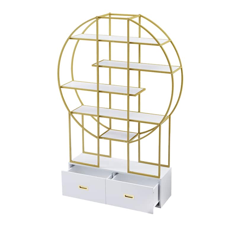 Roomfitters 70.8" Round Bookcase for Office, Bookshelf with Display Shelves and 2 Drawers, Gold Frame, Golden+White