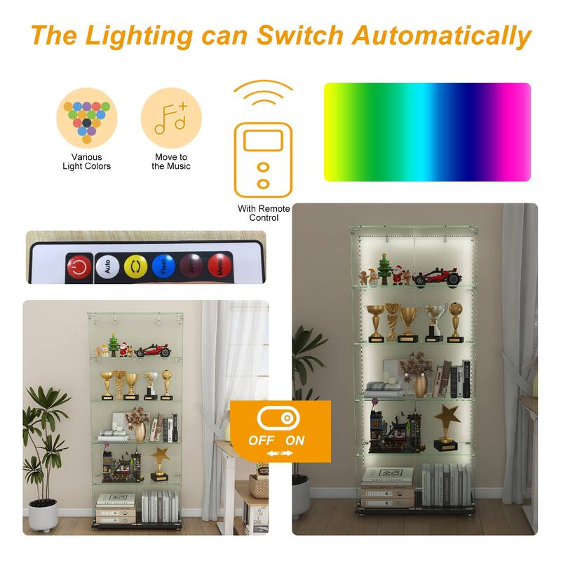 4-Tier Tempered Glass Display Cabinet with 5 Dynamic LED Modes, Double Doors & Fixed Shelves for Collectible Showcase