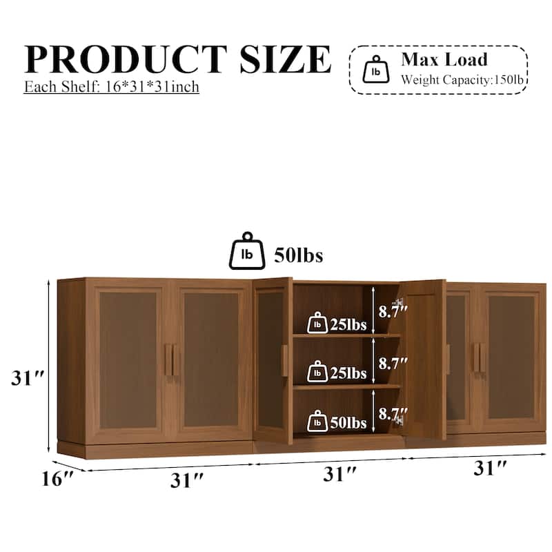 3-Set Rattan Door Sideboard Buffet Storage Cabinets with Adjustable Shelves - 93"Lx31"H