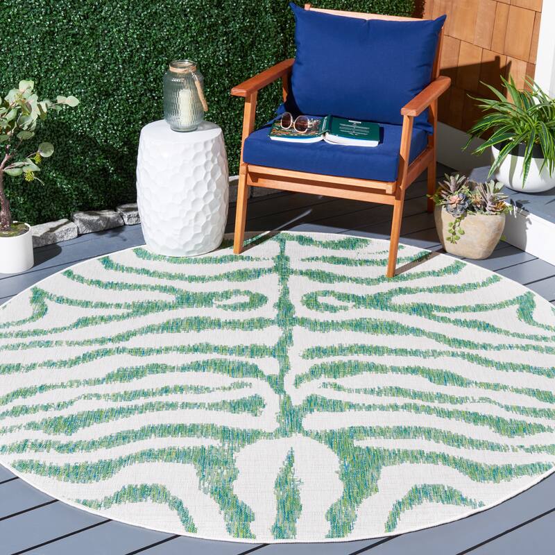 SAFAVIEH Courtyard Kalyonka Indoor/ Outdoor Waterproof Patio Backyard Rug - 6'7" Round - Ivory/Green
