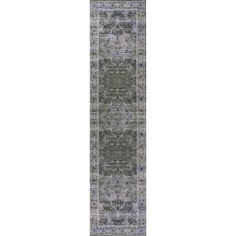 JONATHAN Y Dalyan Ornate Medallion Machine Washable Area Rug - 2 X 8 - Dark Green/Gray