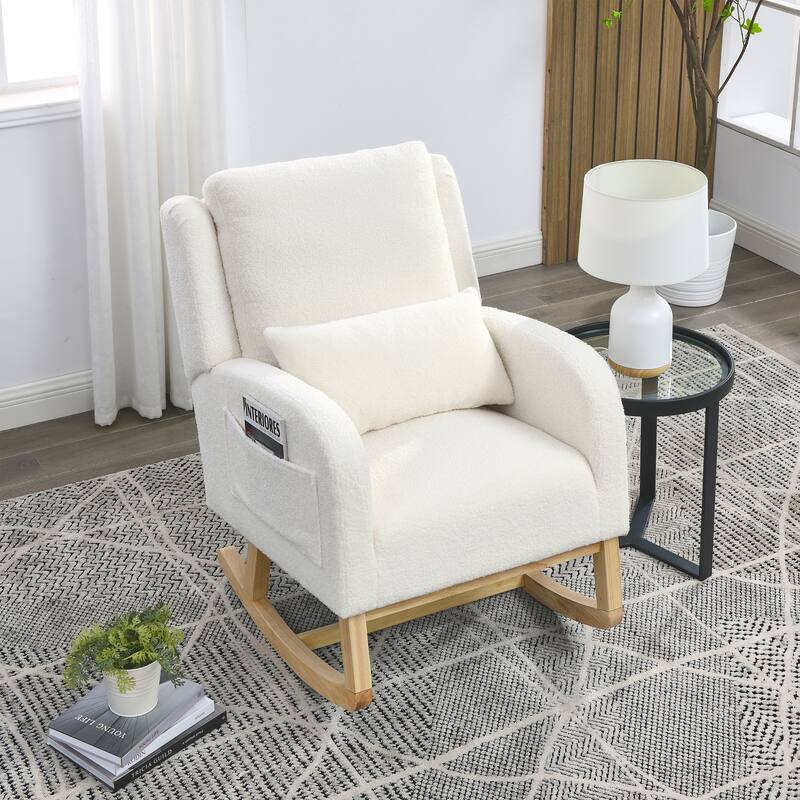 High Back Rocker Accent Chair with Wood Base, One Lumbar Pillow and Two Side Pockets