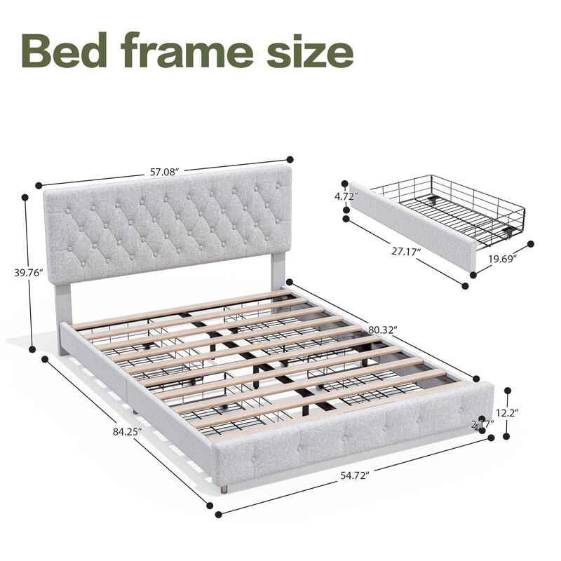 Linen Upholstered Headboard Bed Frame with Large Hidden Storage, 4 Underbed Drawers with Pulleys