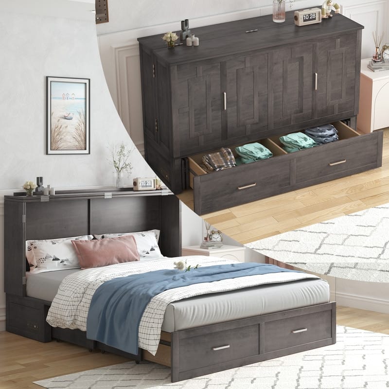 Mixoy Modern Murphy Bed Chest with Mattress,Storage Drawer,Charging Station - Dark Grey