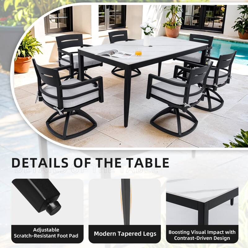 Modern 7-Piece Patio Dining Set - 35.5"x71" Greek Marble Sintered Table with 6 Swivel Rockers, Ember Black