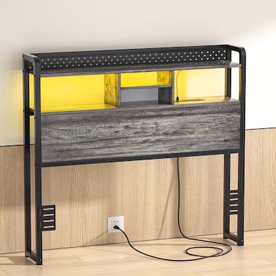 Bed Headboard with Storage Shelf and Charge Station, Height Adjustable Headboard with LED Light