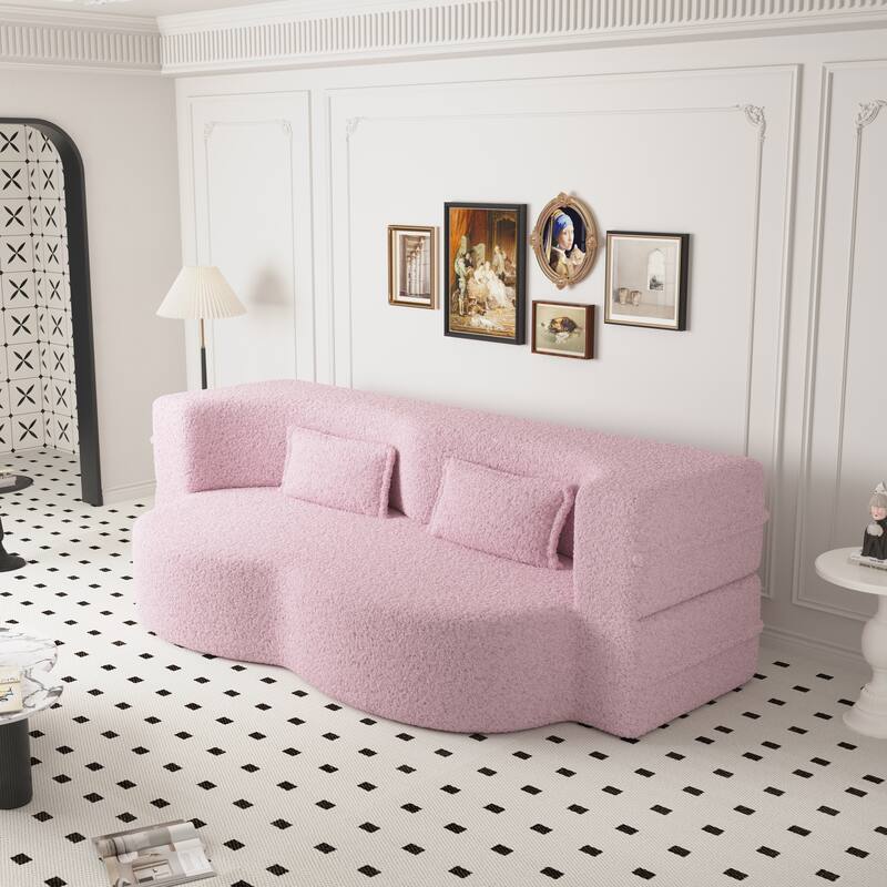 Modern Floor Sofa with 2 Pillows,Convertible Teddy Fabric Foam-Filled Sleeper Sofa Bed,15" Full Size Folding Mattress