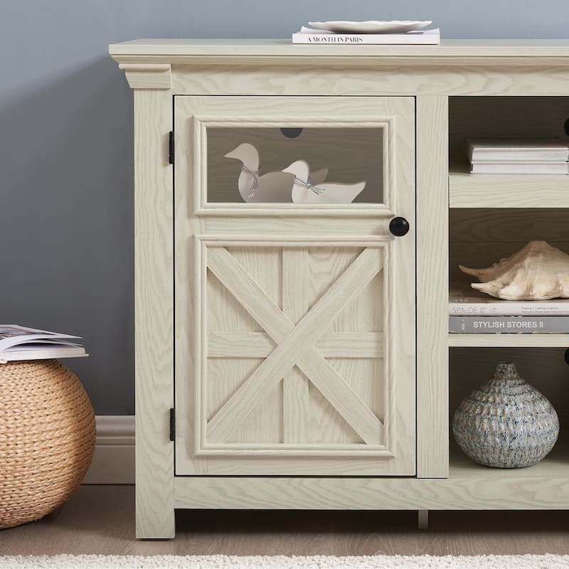 Farmhouse TV Stand, 2-Door Cabinet Media Stand with Barn Design and Open Shelving, for Living Room, White