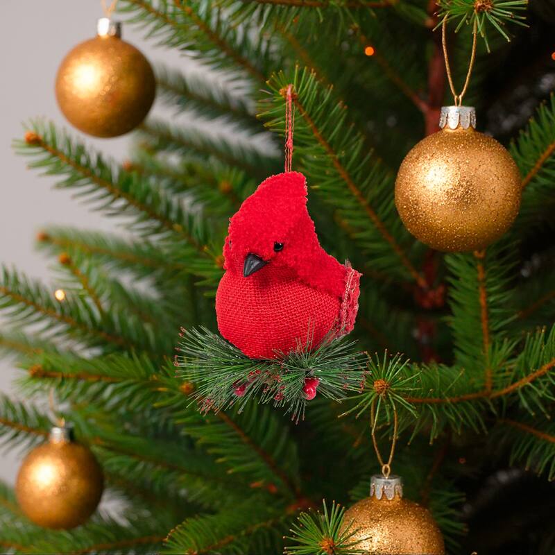 6.5" Red Burlap Cardinal with Pine Needles Berries Christmas Ornament