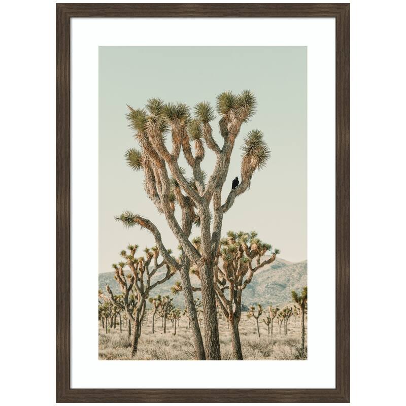 Kate and Laurel Joshua Tree With Crow by Alicia Bock Framed Wall Art Print - 25 x 34 - Walnut