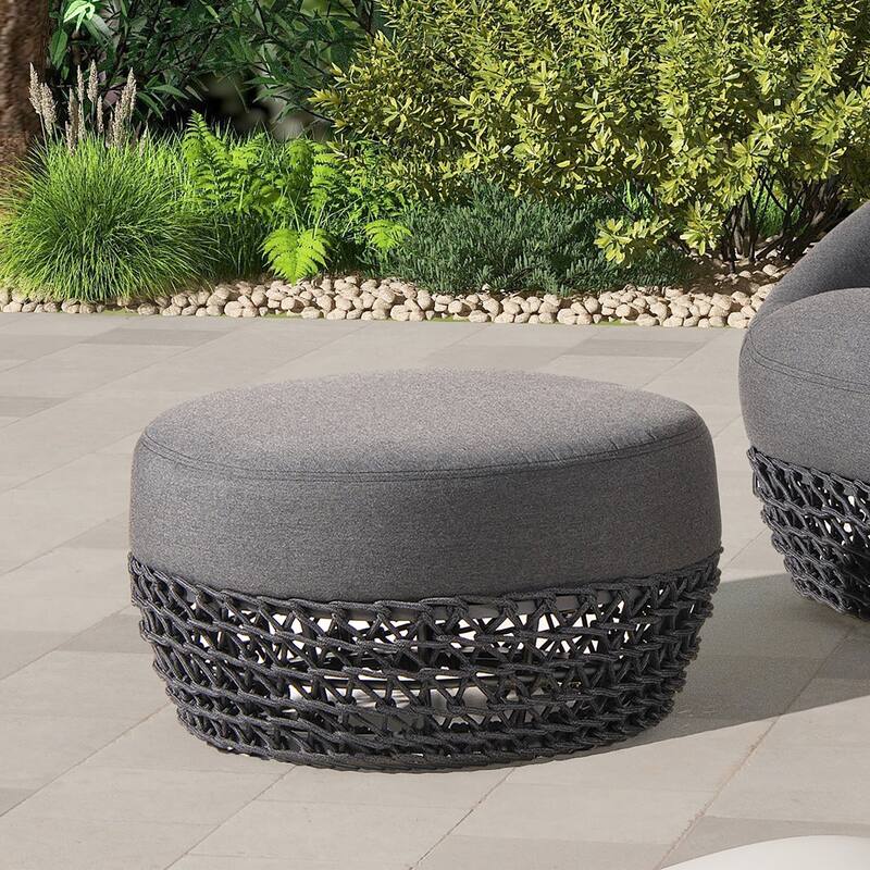 Willow 25" Woven Rope Upholstered Outdoor Patio Ottoman - 25"W X 25"D X 13.5"H - Graphite Gray Sunbrella Acrylic