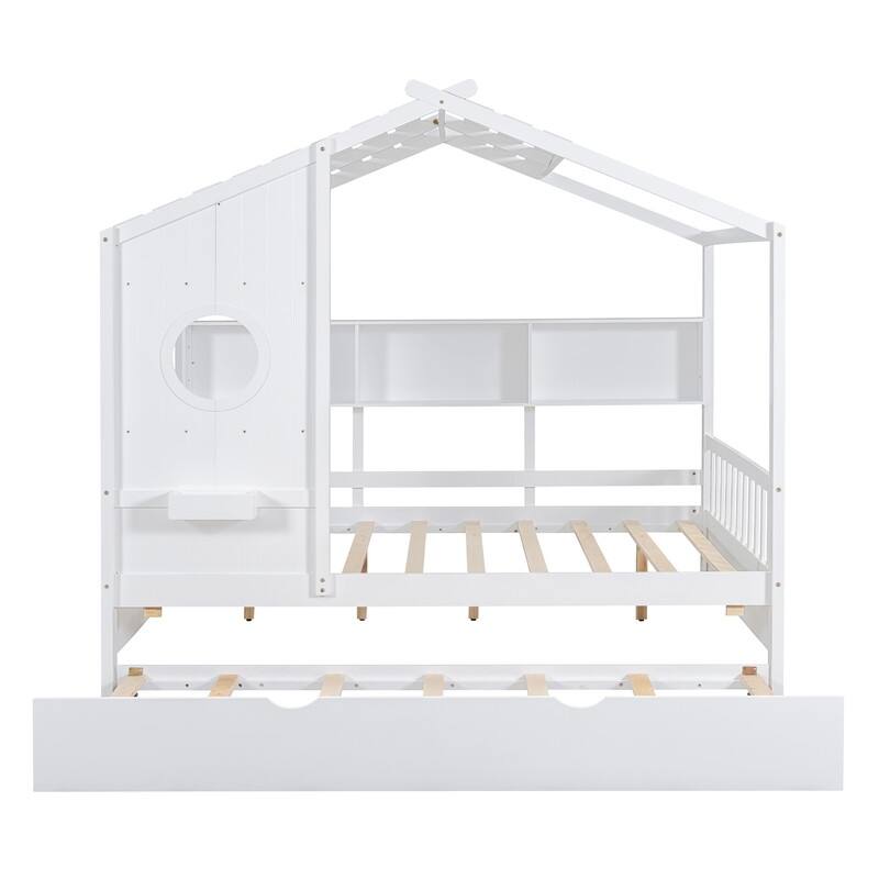 Wooden Full Size House Bed With Trundle and Storage Shelf
