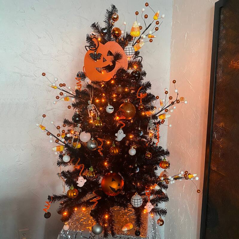 4ft Black Noble Spruce Artificial Halloween Tree, Orange Lights
