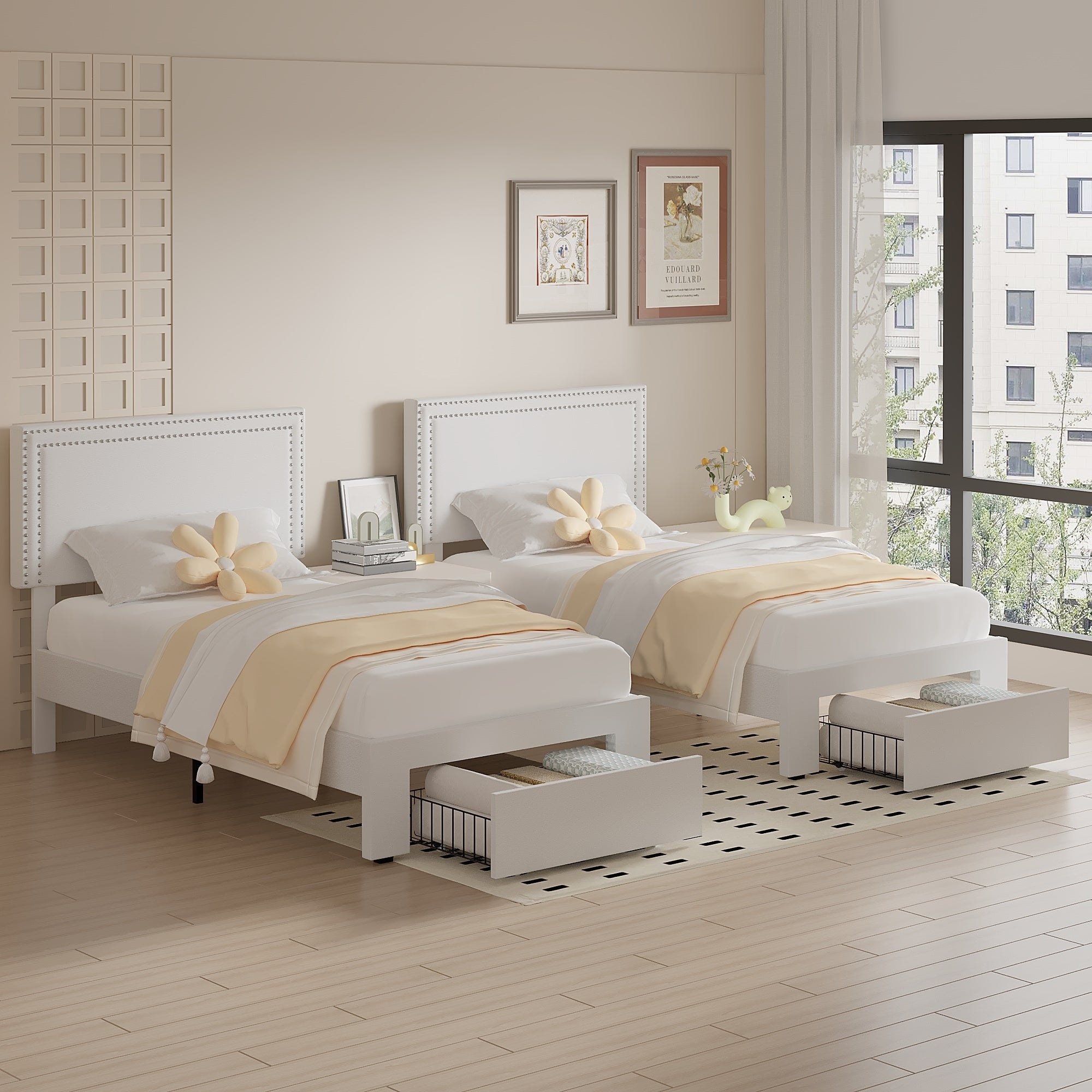 2 Pcs Kids Twin Bed Frame with Under-Bed Drawer Platform Upholstered Bed with Adjustable Headboard for Boys Girls Toddlers