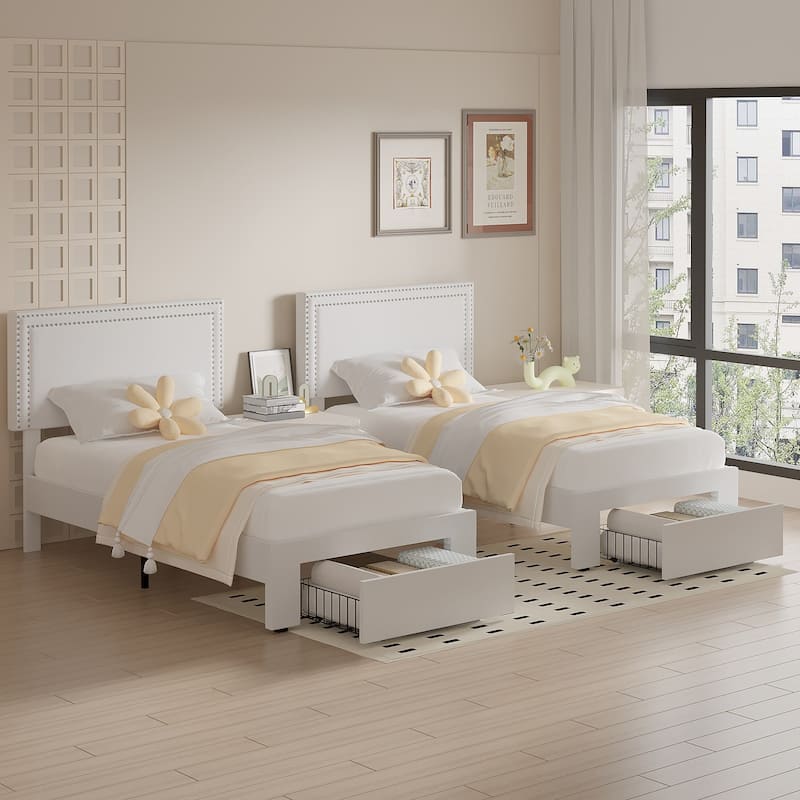 VECELO Set of 2 Twin Beds with Rolling Underbed Drawer Height Adjustable Headboard Rivet-Trimmed Headboard Twin Beds