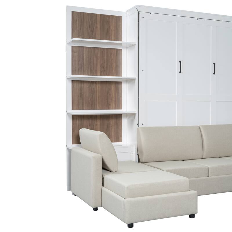 Queen Size Wall Bed with Sofa and Shelves, Space-Saving and Multifunctional
