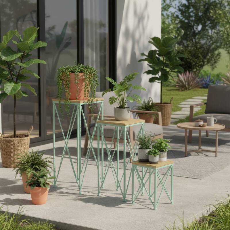 Mito 3pc Nesting Plant Stand Table, Brown Wood, X Cross Green Metal