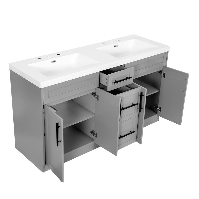 59.3" Double Sink Bathroom Vanity with SMC Top, MDF Cabinet with Solid Wood Frame & Soft-Close Doors