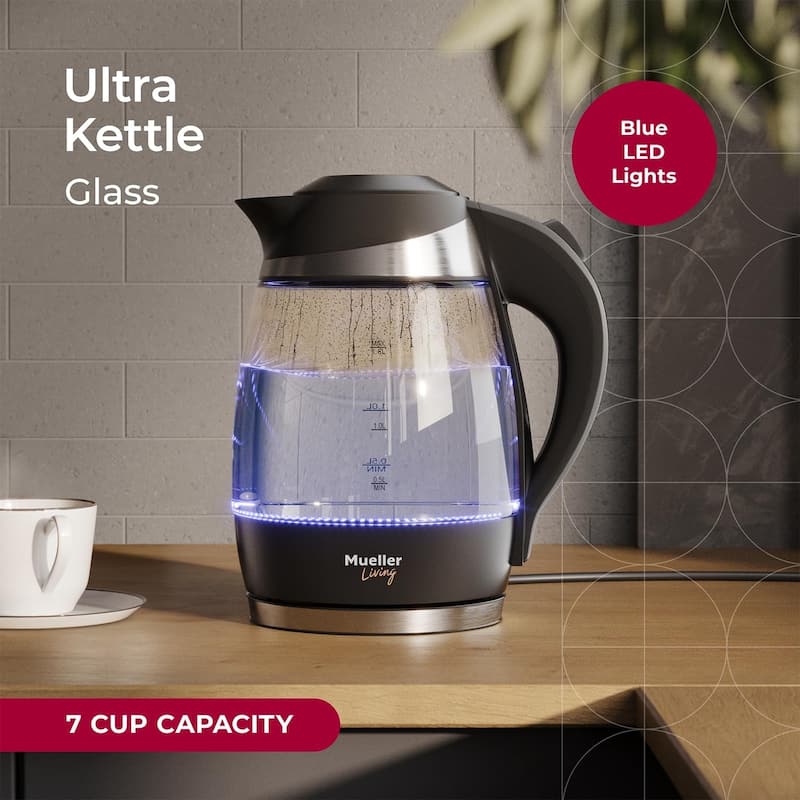MuellerLiving Electric Kettle, 1500W SpeedBoil with Auto Shut-Off, 1.8L Cordless with LED Light, Borosilicate Glass, BPA Free