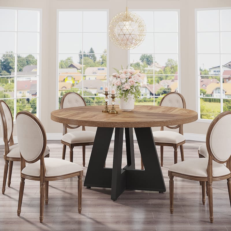 47 Inch Round Dining Table for 4, Wood Farmhouse Dinner Dinning Table for Kitchen Dining Living Room