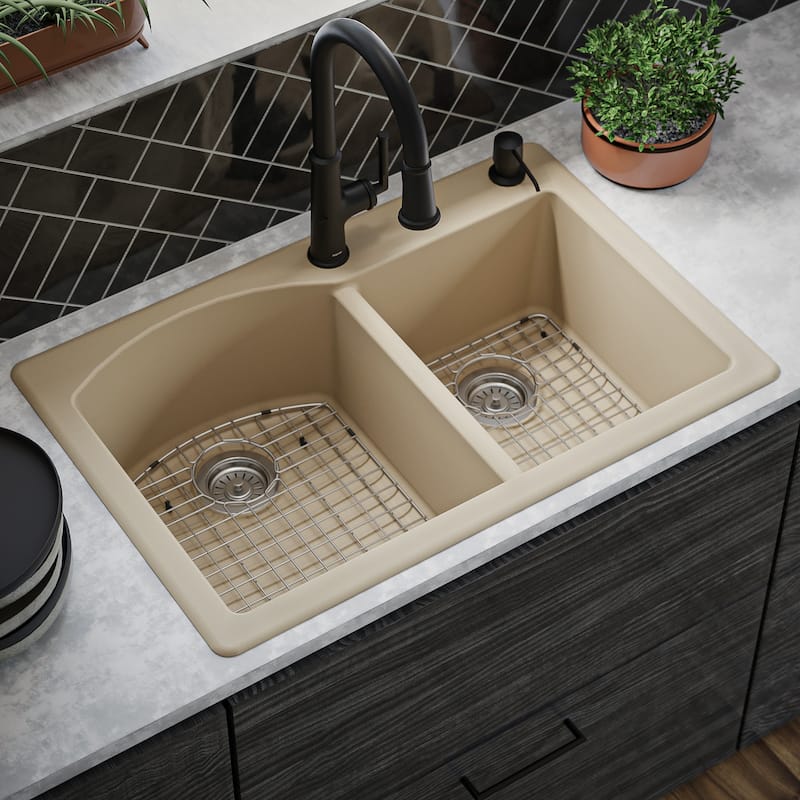 Karran Drop-In Quartz 33 in. 1-Hole 60/40 Double Bowl Kitchen Sink Kit