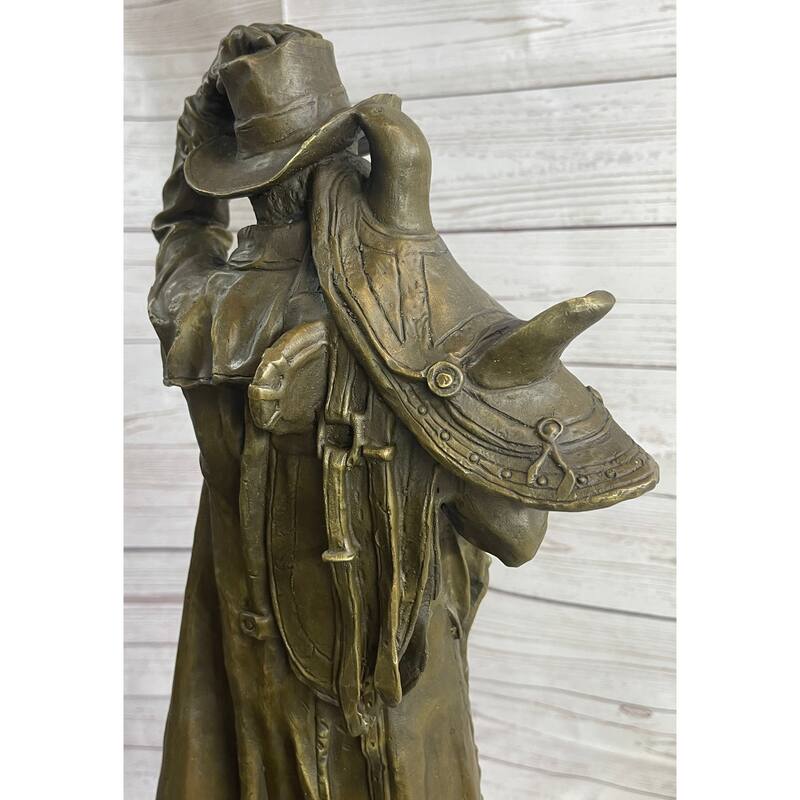 Country Western Cowboy Hauling Saddle Bronze Sculpture Statue Art Decor