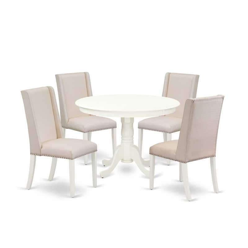 HomeStock 5-Piece Linen White Finish Solid Wood Top Dining Table with 4 Parson Chair with Lattice Back