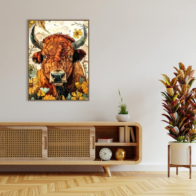 Buffalo in Flowers by Justyna Jaszke Framed Canvas Wall Art